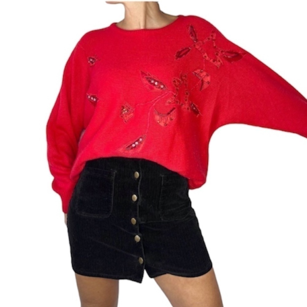 VINTAGE Red Floral Embroidered Dolman Sleeve Sweater 44 - Picture 2 of 9